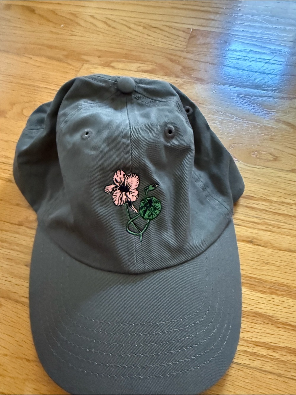 Embroidered Floral Baseball Cap - Olive with Pink Flower